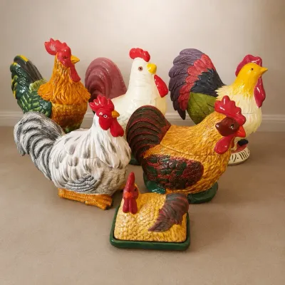 CHICKEN COOKIE JARS AND BUTTER DISH
