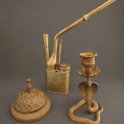 VINTAGE BRASS CANDLESTICK, WATER PIPE, AND BELL