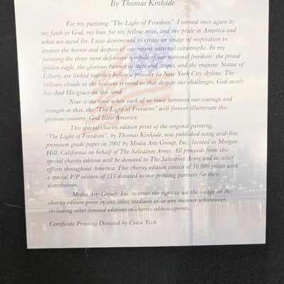Sale Photo Thumbnail #182: Thomas Kinkade ”The Light of Freedom” with COA. Limited Edition Numbered, matted and framed