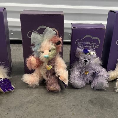 Sale Photo Thumbnail #289: 4 Piece Annette Funicello Bears ”Eadie” small purple 8""- ""Patchwork"" 9"" - ""Coral"" 9"" - ""Little Lady"" 9"""
