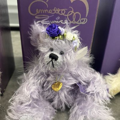 Sale Photo Thumbnail #292: 4 Piece Annette Funicello Bears ”Eadie” small purple 8""- ""Patchwork"" 9"" - ""Coral"" 9"" - ""Little Lady"" 9"""