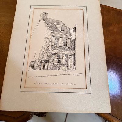 Vintage pen and ink illustration of the Betsy Ross House in Philadelphia, mounted on a textured paper mat.