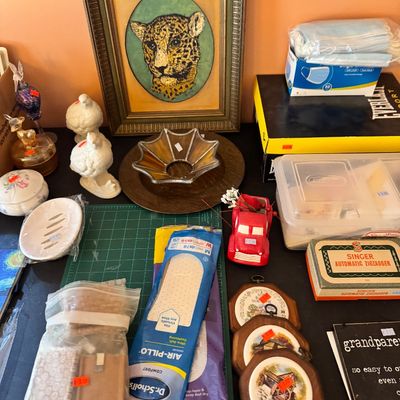 Assorted vintage and household items, including a framed leopard portrait, white ceramic bird figurines, Dr. Scholl's insoles, and a...