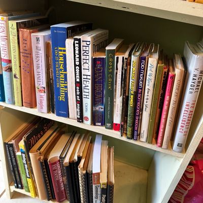 A collection of vintage and modern books, including fiction, self-help, and poetry, arranged on a light-colored wooden bookshelf.
