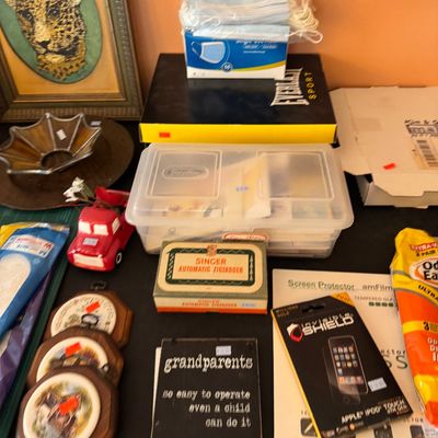Assorted household items, including a vintage Singer Automatic Zigzagger box, decorative wall plaques, a framed leopard print, and...