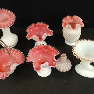 Pink Ruffled Silver Crest Milk Glass