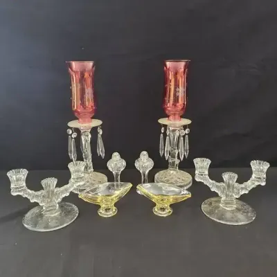 Pair of Antique Etched Cranberry Glass Hurricane Lamps with Crystal Prisms 