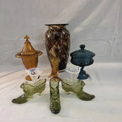 Vintage MCM Glass Lot: Hobnail Shoes, Empoli Covered Jars & Art Vase