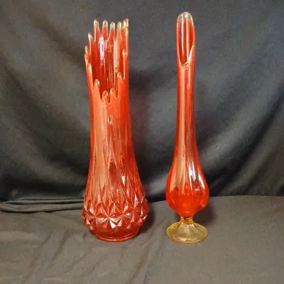2 Vintage MCM Amberina Swung Glass Art Vases 