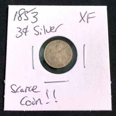 1853 $.03 Silver U.S. Coin In XF, Scarce Coin