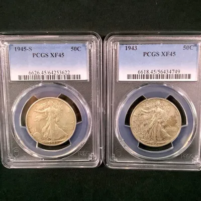 1943-P & 1945-S Silver Walking Liberty Halves, Both XF-45, By PCGS