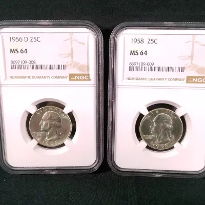 1956-D & 1958-P Silver High Grade Washington Quarters, MS-64 By NGC