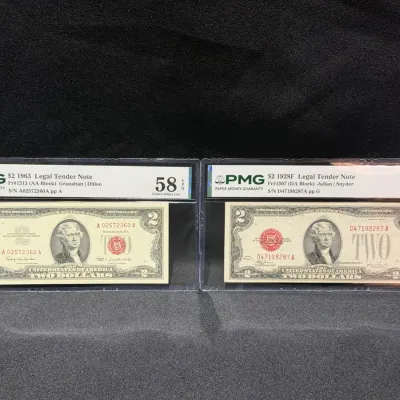 1928 F & 1963 $2 Red Seal Legal Tender Notes VF-35 & AU-58 EPQ By PMG