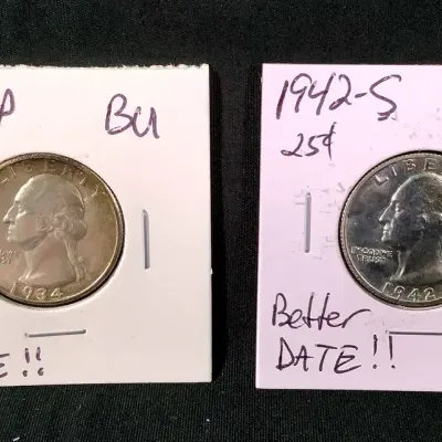 1934-P & 1942-S Silver Washington Quarters, Both Uncirculated, Key Dates