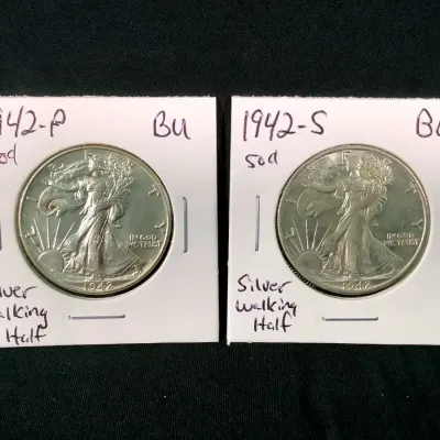 1942-P & 1942-S Walking Silver Half Dollars, Both BU, Uncirculated 