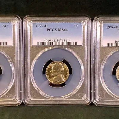 1976-D, 1977-D, 1978-D, High Grade Uncirculated Jefferson Nickels, All MS-64 By PCGS
