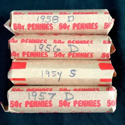 (4) Different Dated Lincoln Wheat Cent Rolls, 1954-S, 1956-D, 1957-D & 1958-D Rolls