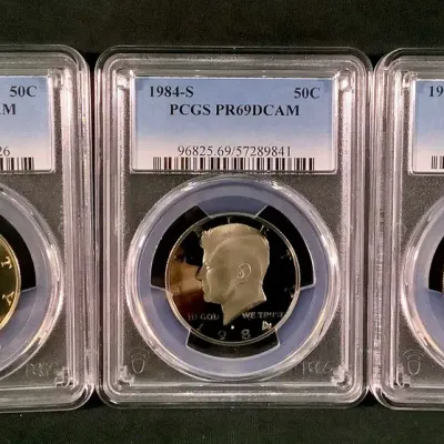 1983-S, 1985-S, 1986-S, High Grade Proof Kennedy Half Dollars, PR-69D CAM, By PCGS