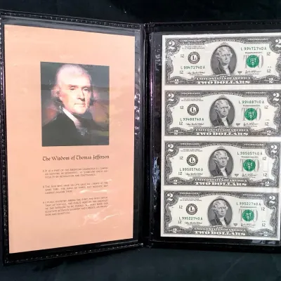 (4) 2003A $2 Federal Reserve Notes, Uncut Sheet, Uncirculated In Display Folder