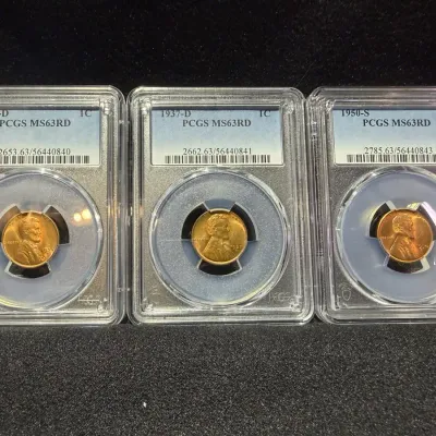 1936-D 1937-D 1950-D Lincoln Wheat Cents MS-63 Red By PCGS