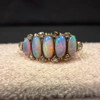 10k Yellow Gold Opal & Diamond Ring (Missing One Small Stone) 
