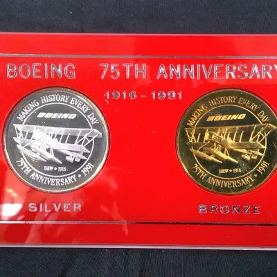Boeing Silver & Bronze 75th Anniversary Set, Silver Coin Is 1.5oz Of Pure Silver