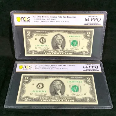 (2) 1976 $2 Federal Reserve Notes, High Grade In Sequential Serial Number, Order MS-64PPQ, By PCGS