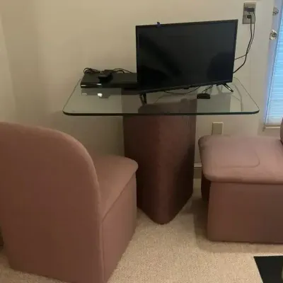 Contemporary hall or entry table and two chairs with rollers