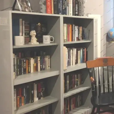 Pair of tall gray bookcases