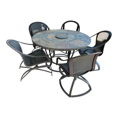 Brown Jordan Outdoor Set Stone Tile Mosaic Table & 5 Mesh Sling Swivel Rockers