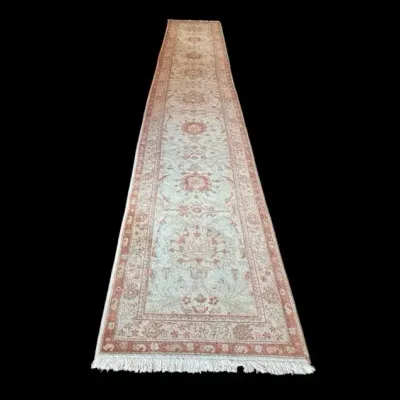 Traditional oriental runner rug W/ faded pink & cream floral medallion patterns & Pad