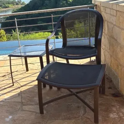  Brown Jordan Outdoor Patio Aluminum Mesh Chair W/ Ottoman & Side Glass Top Table- Lot 1
