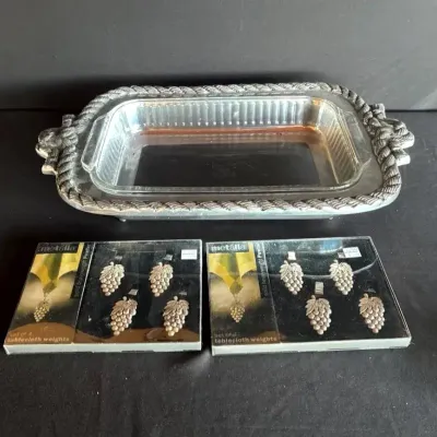 Made In Mexico Stainless Steel Casserole Holder/glass Dish & Metallica Tablecloth Weights 