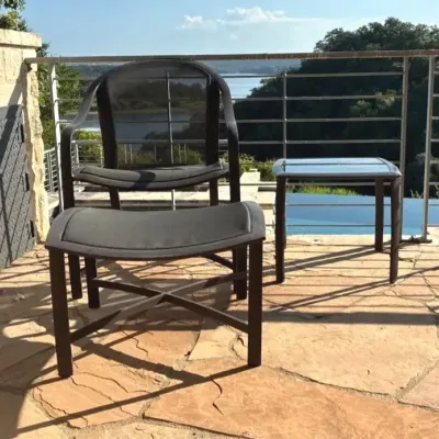 Brown Jordan Outdoor Patio Aluminum Mesh Chair W/ Ottoman & Side Glass Top Table-Lot 2