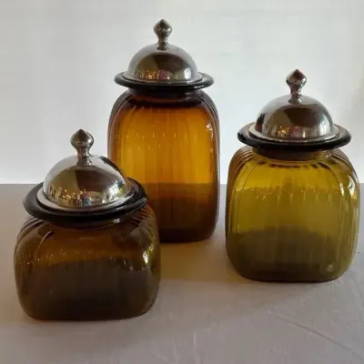 Artland Amber Ribbed Glass Canisters with Pewter Dome Lids