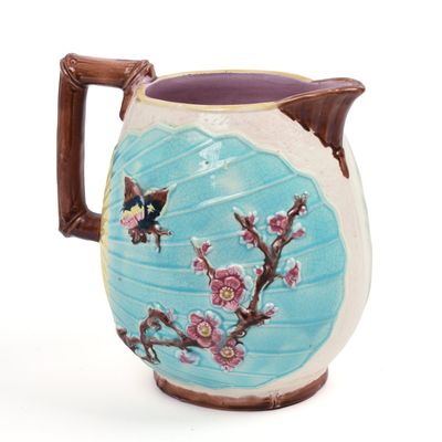 Sale Photo Thumbnail #221: Majolica Pitcher with Birds and Flowers.