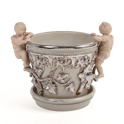 Sale Photo Thumbnail #58: Mettlach Silver Luster Jardiniere and Undertray.