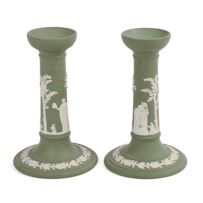 Sale Photo Thumbnail #83: Pair of Wedgwood Green Jasperware Candle Sticks