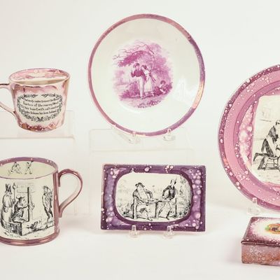 Sale Photo Thumbnail #375: Seven Sunderland Pink Lustre Transfer Printed Wares.