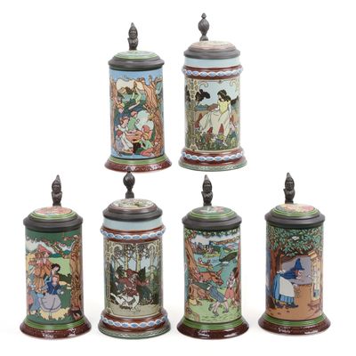 Sale Photo Thumbnail #175: Six Tales of the Brothers Grimm Mettlach Steins.