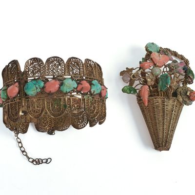 Sale Photo Thumbnail #107: Two Pieces of Chinese Gilt Metal and Hardstone Jewelry