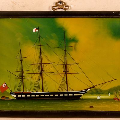 Sale Photo Thumbnail #297: China Trade Reverse Painting on Glass of a British Ship.