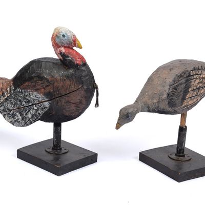 Sale Photo Thumbnail #300: Pair of Carved Wooden Sculptures of Turkeys.