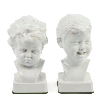 Sale Photo Thumbnail #84: Pair of Signed Continental White Porcelain Busts of Boys