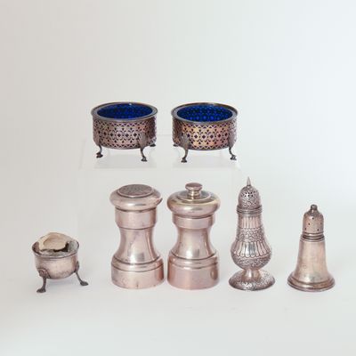 Sale Photo Thumbnail #372: Five Silver Salts and a Pepper Grinder.