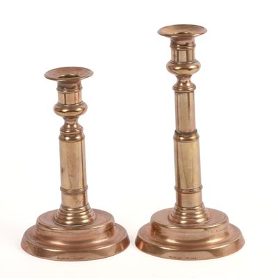 Sale Photo Thumbnail #351: Pair of Unusual Brass Telescoping Push Up Candlesticks.