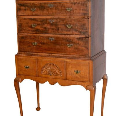 Sale Photo Thumbnail #391: NEW ENGLAND QUEEN ANNE STYLE TIGER MAPLE HIGHBOY.