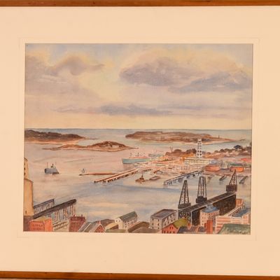 Sale Photo Thumbnail #232: Mid Century Watercolor of a Working Waterfront.