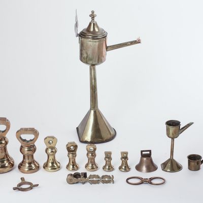 Sale Photo Thumbnail #383: Set of Brass Weights and an Oil Lamp.
