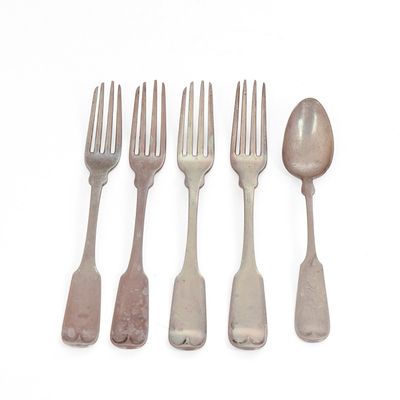 Sale Photo Thumbnail #338: Four Gowd & Peabody Coin Silver Forks and a Sterling Spoon.